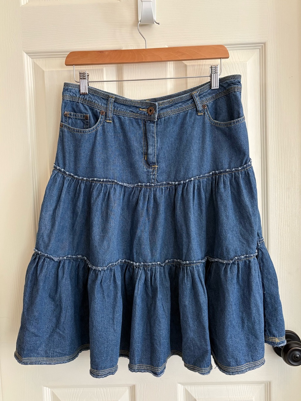 Vintage Y2K Denim Tiered Ruffle Midi Skirt